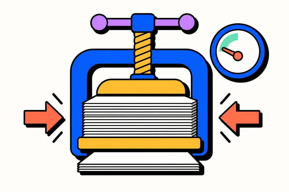 Illustration of a thick stack of documents squeezed by a clamp into one slim document, with a gauge pointing low