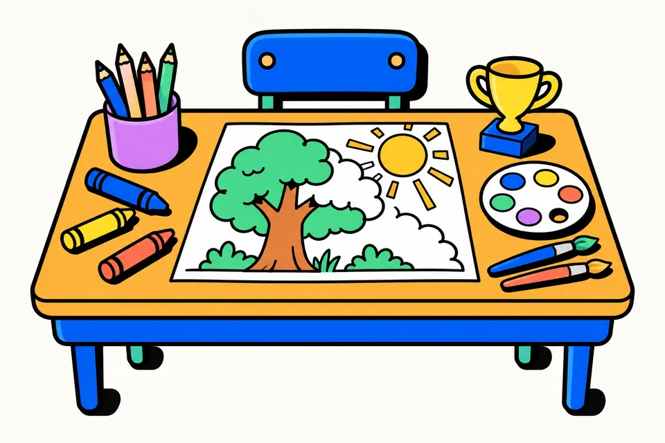 Illustration of a school desk with an outline drawing of a tree and sun being coloured, crayons, colour pencils, a paint palette and a small trophy