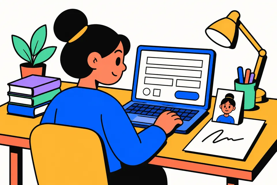 Illustration of a student filling an online exam form with a photo and signature ready beside the laptop