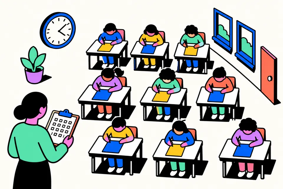 Illustration of an exam hall with rows of desks and alternating blue and yellow answer sheets, and a teacher holding a seating chart