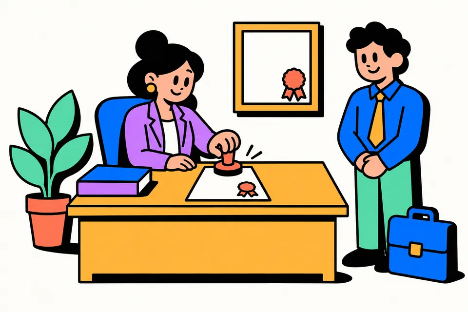 Illustration of an HR officer stamping a document at a desk while an employee waits, with a framed certificate on the wall