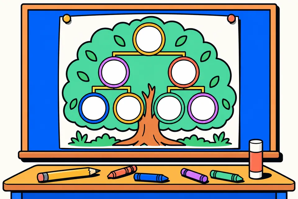 A family tree chart pinned on a classroom board, with round photo frames hanging from the branches of a green tree and crayons on the desk