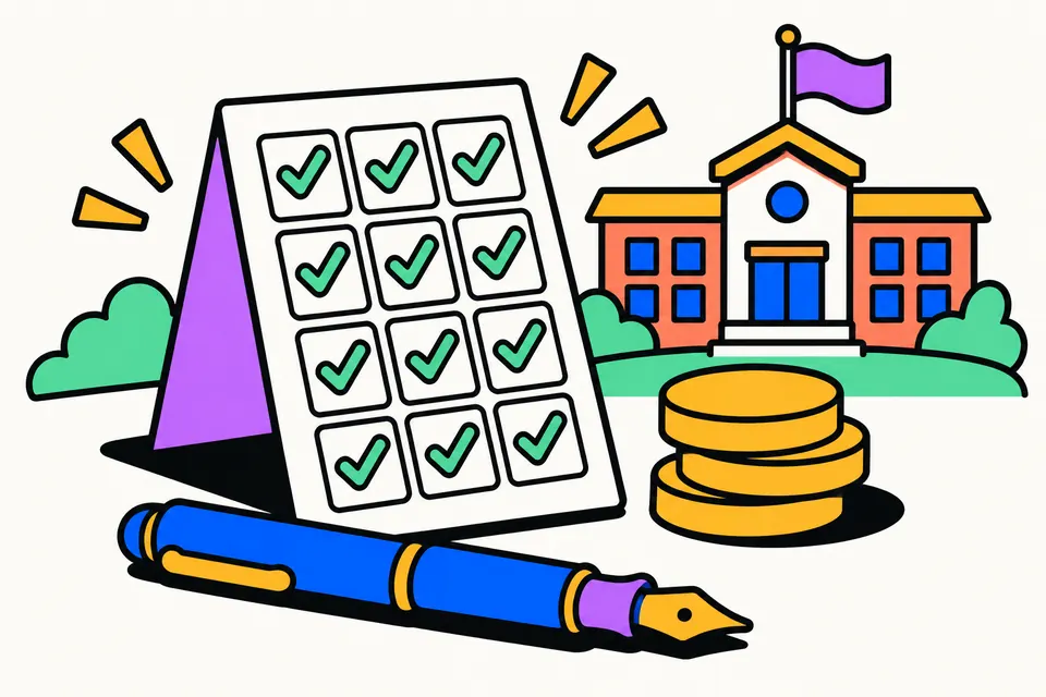 Illustration of a fee card with a grid of ticked boxes, a stack of coins, a fountain pen and a school building