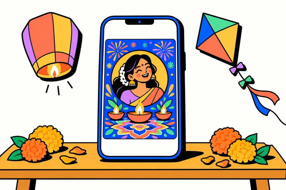 A phone showing a festive greeting poster with a round portrait, glowing clay lamps, a rangoli and fireworks, with a sky lantern, a kite and marigolds around it