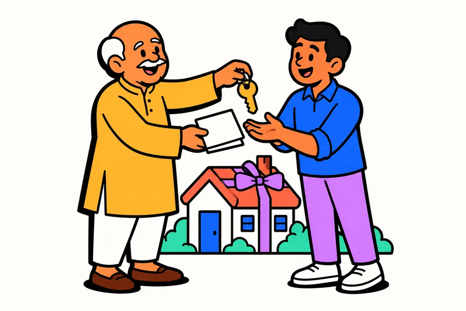 Illustration of an elderly father in a kurta handing a house key and a folded paper to his smiling son, with a small house tied with a ribbon behind them