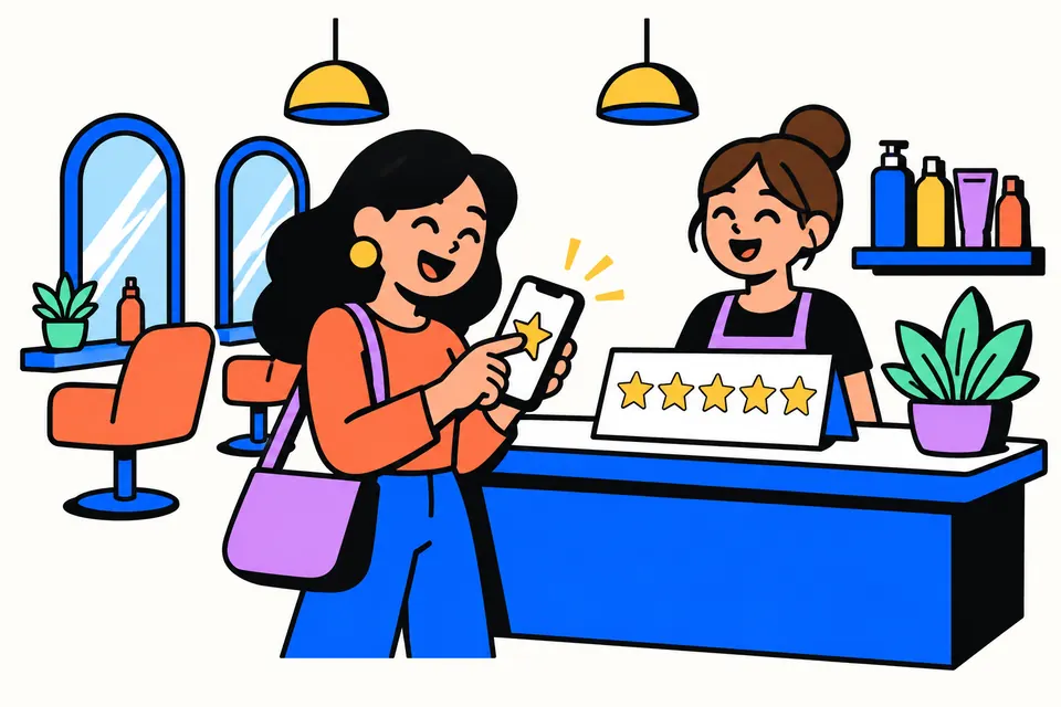 Illustration of a happy customer giving a five-star rating on her phone at a salon reception desk
