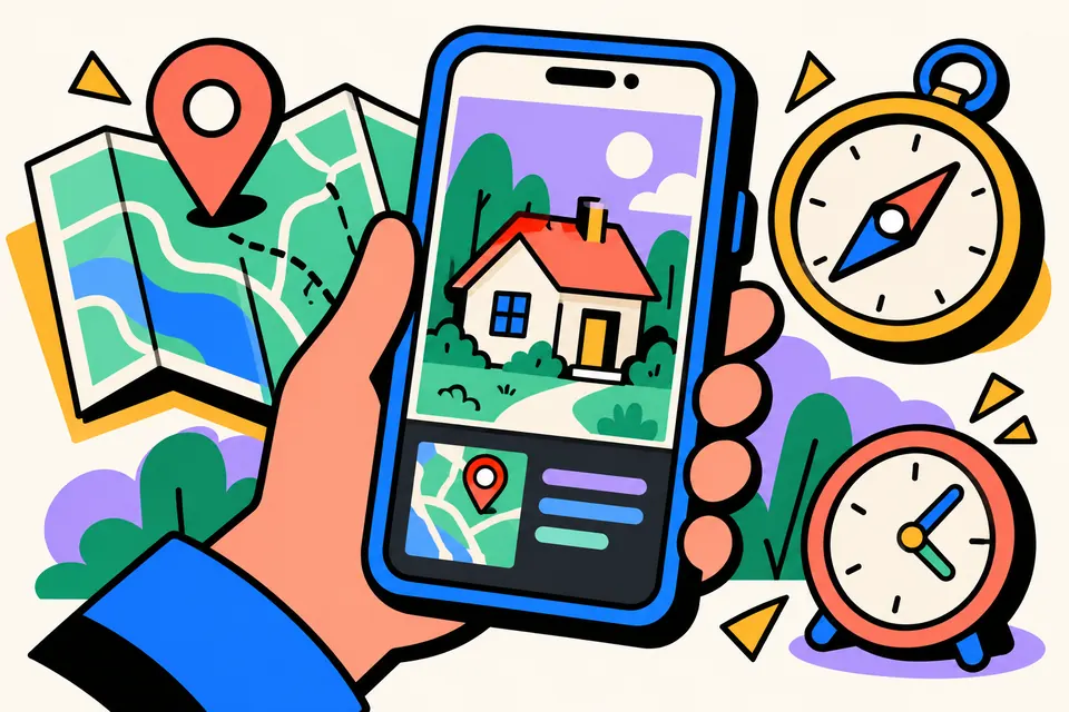 A smartphone showing a photo of a house with a GPS info bar holding a small map with a pin, beside a paper map, a compass and a clock