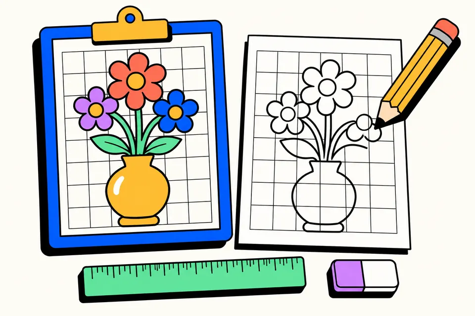 Illustration of a flower picture covered with a square grid next to paper with a matching grid where a pencil copies the flower