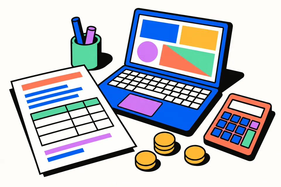 Illustration of a printed invoice with a laptop, calculator and coins on a desk