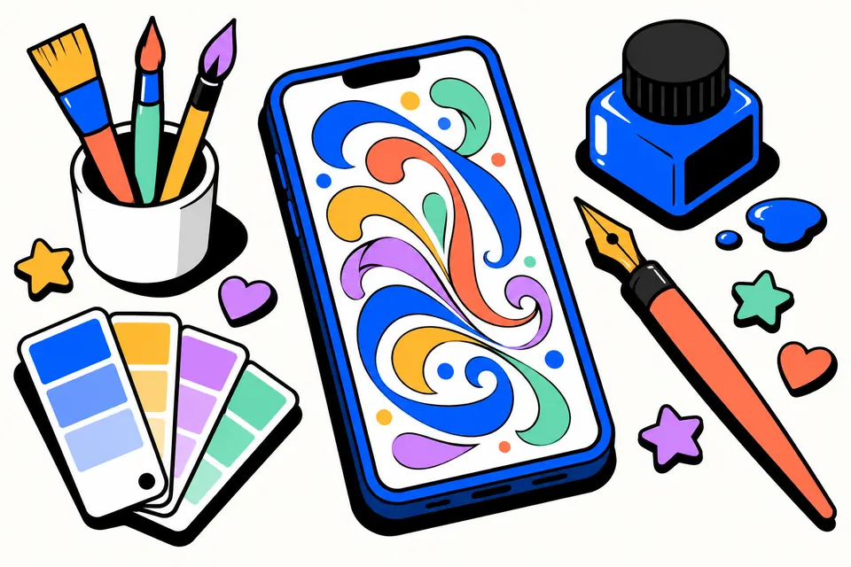 A smartphone on a desk showing colourful decorative lettering, surrounded by paint brushes, a calligraphy pen, an ink pot and star stickers