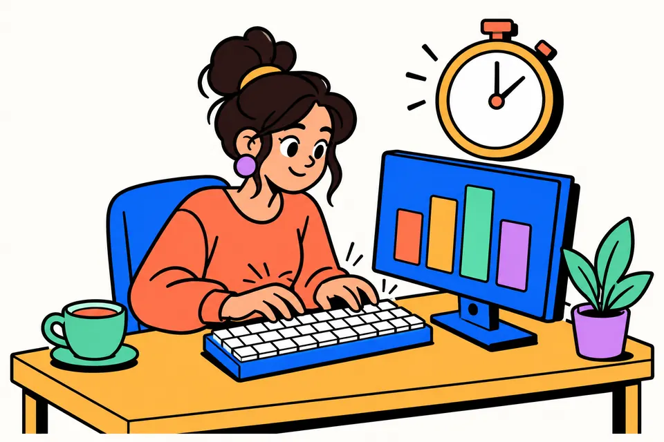 A young woman typing on a computer keyboard at her desk, with a stopwatch and a bar chart on the monitor, a cup of tea and a potted plant beside her
