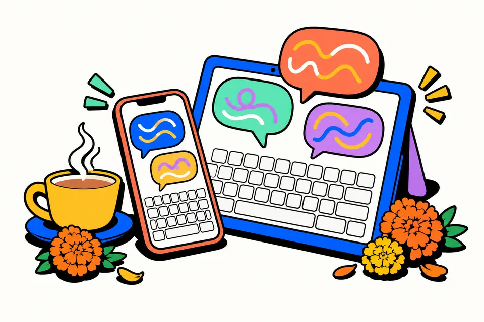 A phone and a tablet with on-screen keyboards and colourful speech bubbles rising from the screens, next to a cup of chai and marigold flowers