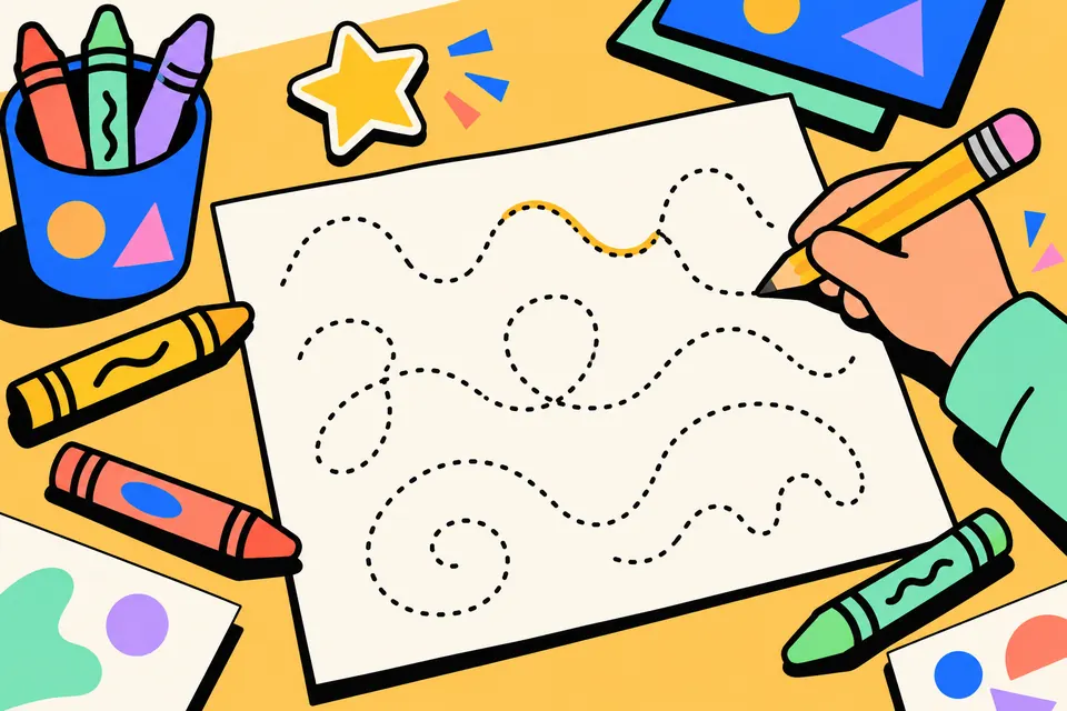 A hand tracing dotted lines on a worksheet with a pencil, with crayons and a star sticker beside it