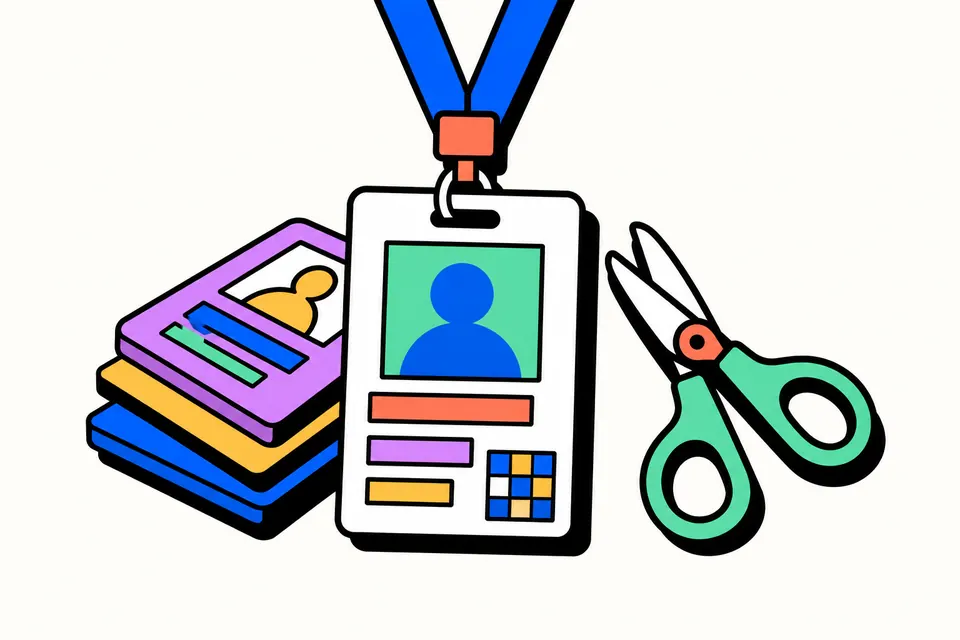 Illustration of a plastic identity card on a lanyard with a photo silhouette, a small stack of cards and a pair of scissors