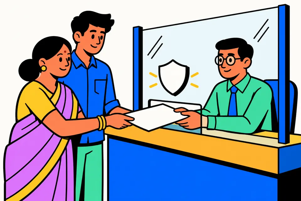 Illustration of a woman and her grown-up son at a bank counter handing a document to a bank officer behind a glass screen, with a shield symbol