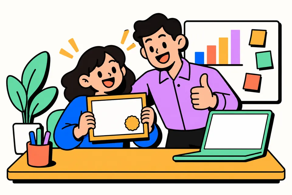 Illustration of a happy intern holding up a framed certificate while a mentor gives a thumbs up, with a laptop and a chart board