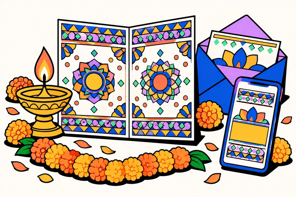 Illustration of a festive invitation card with rangoli borders and marigold flowers, a lit brass diya, a marigold garland, an envelope and a phone showing a decorated card