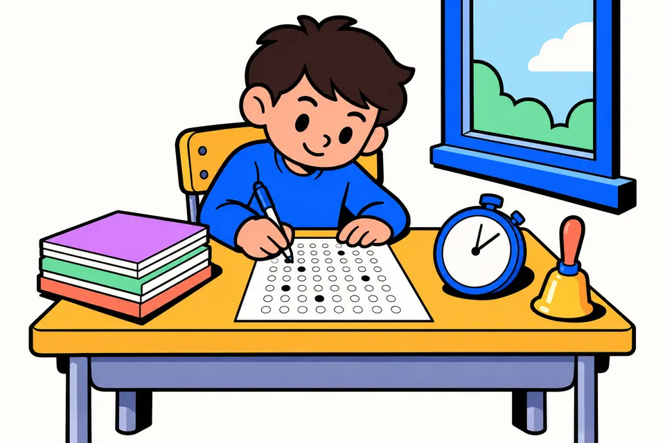 Illustration of a child at a school desk filling bubbles on an answer sheet with a ballpoint pen, beside a stopwatch, a hand bell and a stack of test booklets