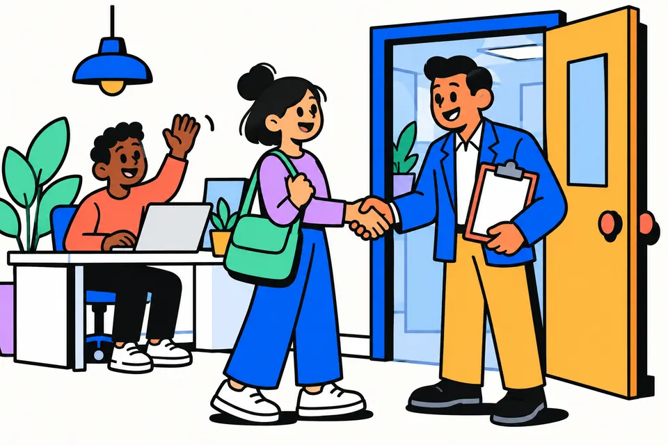 Illustration of a new employee with a bag shaking hands with a manager at an office door while a colleague waves from a desk