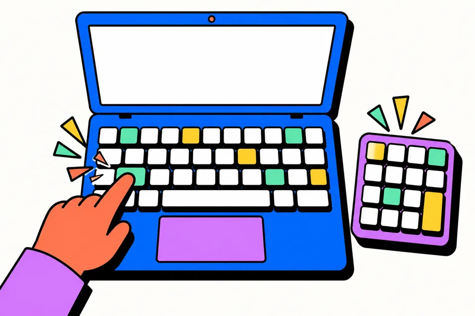 A laptop keyboard with several blank keys lit in green and yellow while a finger presses one, and a separate number pad beside it