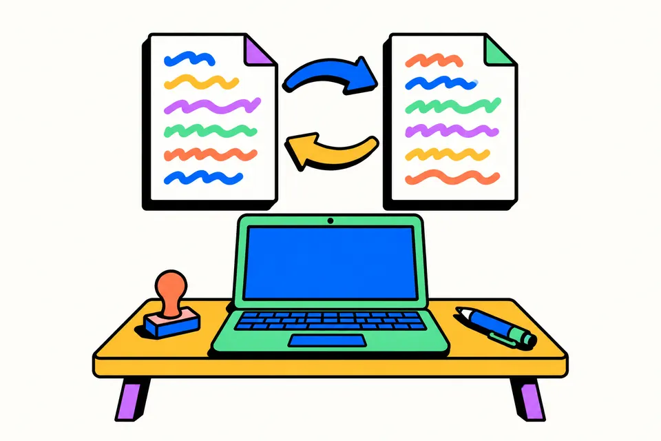 Two pages with coloured lines and looping arrows between them above a laptop on an office desk, showing text being converted from one form to another