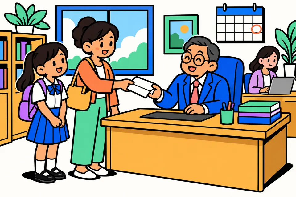 Illustration of a parent and a schoolgirl handing a leave letter to a smiling principal, with an office worker at a laptop behind them