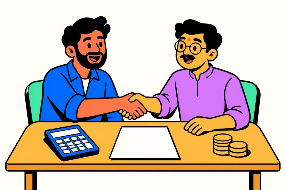 Illustration of two men shaking hands across a table with a sheet of paper, a calculator and stacks of coins