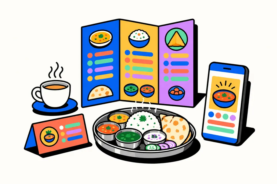 Illustration of a cafe table with a tri-fold menu card, a small table tent card, a thali plate, a cup of chai and a phone showing a square food poster