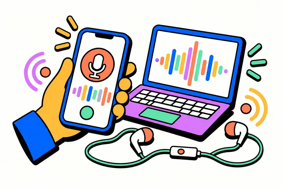 A hand holding a phone with a microphone symbol and sound bars, next to a laptop showing a waveform and a pair of wired earphones with an inline mic