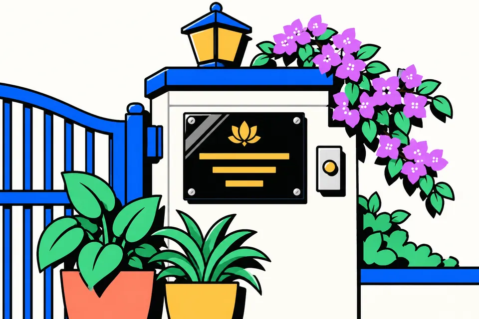 A gate pillar of an Indian house with a black name plate held by four silver screws, a small golden lotus emblem, potted plants and a bougainvillea branch