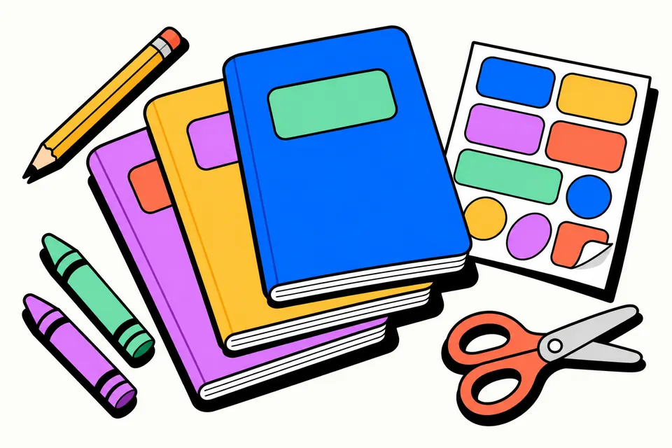 Illustration of a stack of colourful school notebooks with blank label stickers, a sheet of stickers, scissors, a pencil and crayons