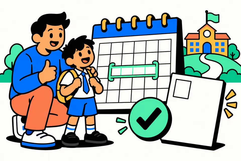 Illustration of a parent and a child in school uniform beside a wall calendar with a range of dates marked in green, a blank form with a photo box, a school on a hill and a big green tick