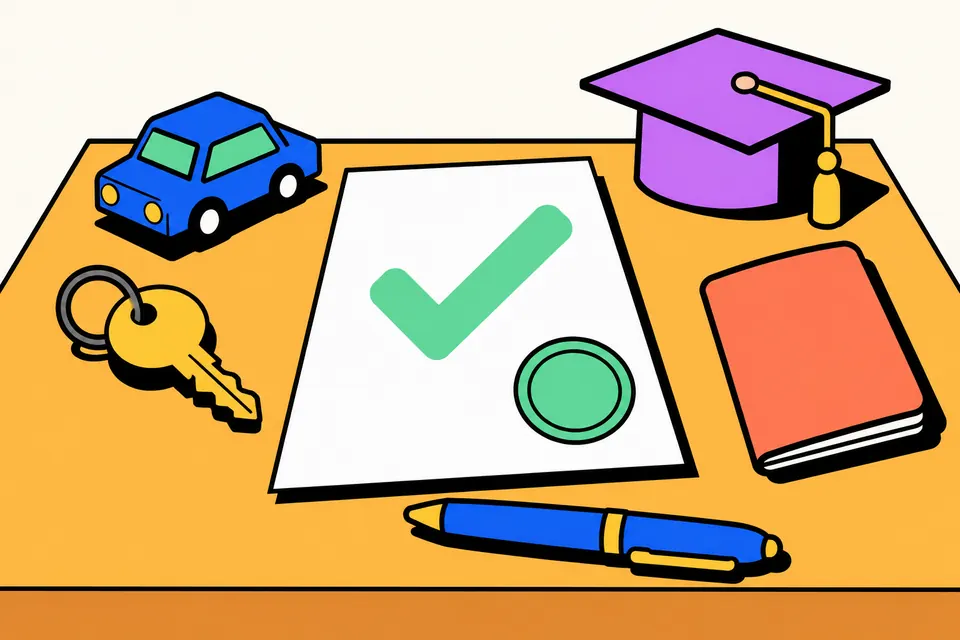 Illustration of a sheet with a large green tick and a round seal on a desk, with a house key, toy car, passport and graduation cap around it