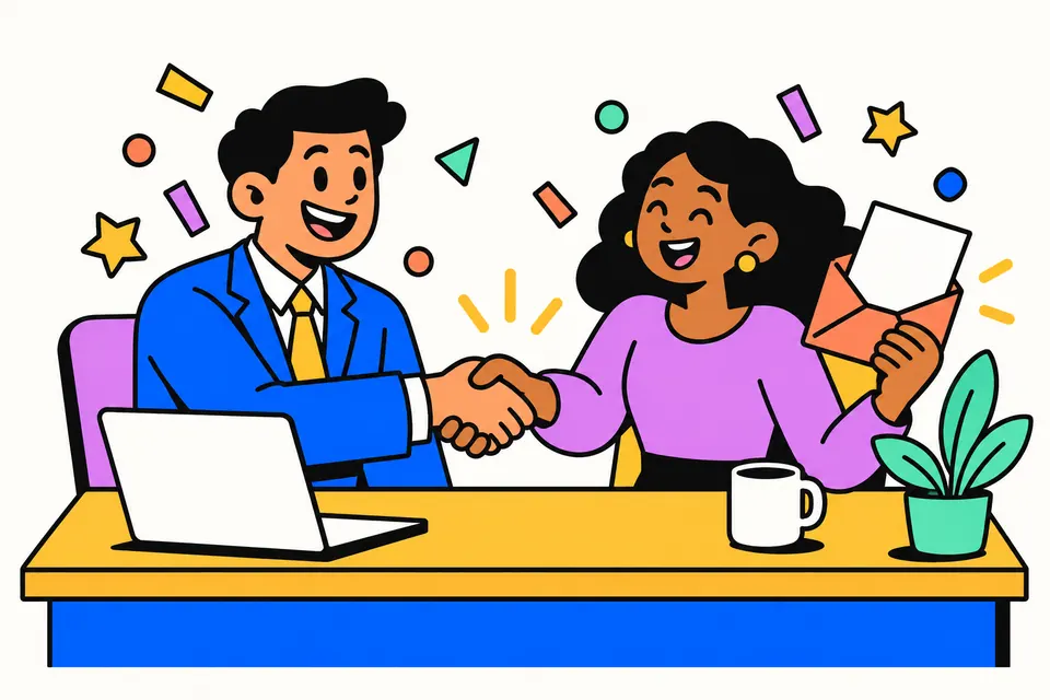 Illustration of a manager shaking hands with a smiling new hire who holds an envelope, with a laptop and confetti on the desk