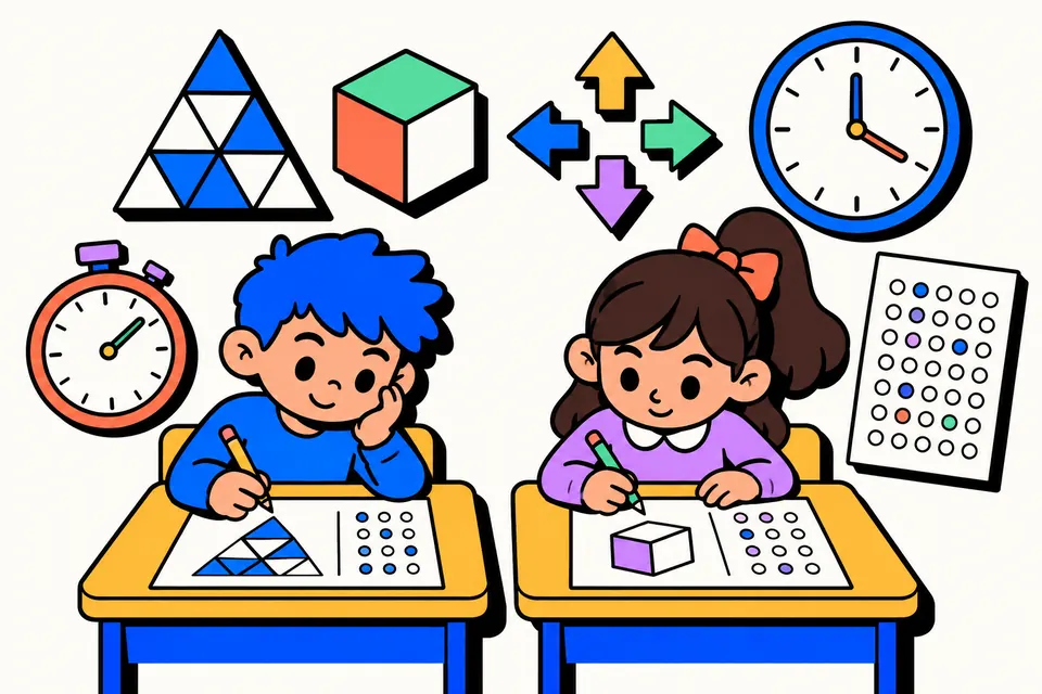 Illustration of a boy and a girl at school desks solving a practice paper, with a split triangle, a cube, direction arrows, a wall clock, a stopwatch and an answer sheet of bubbles around them