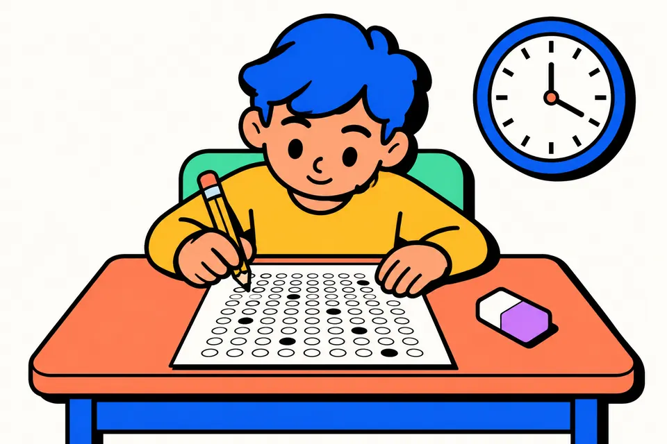Illustration of a student filling bubbles on an answer sheet at a desk, with a pencil, an eraser and a wall clock