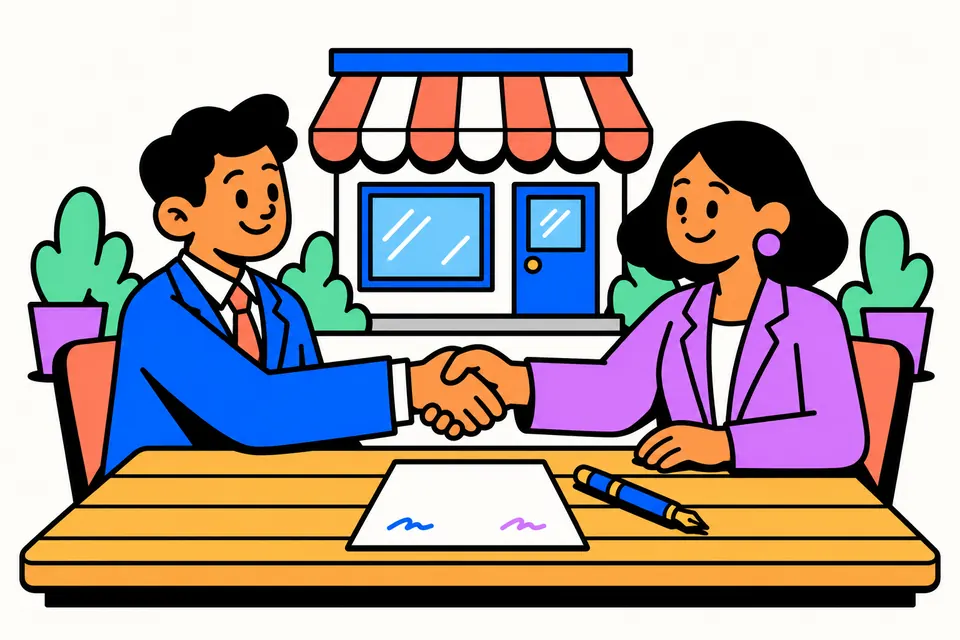 Illustration of two business partners shaking hands across a table with a signed paper, a pen and a shop front behind them