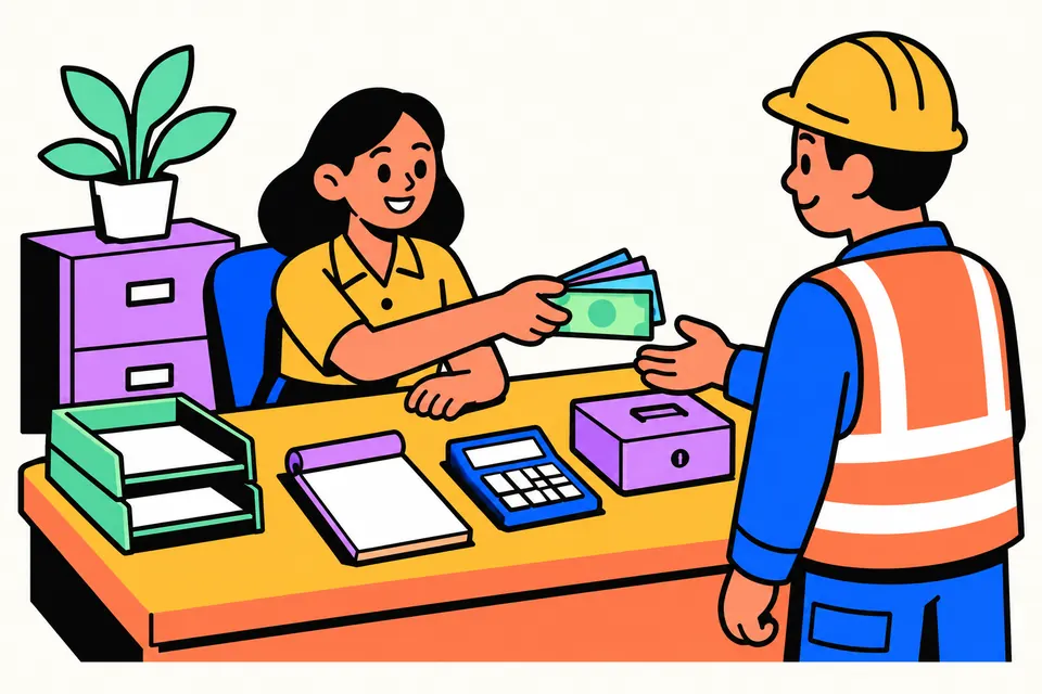 Illustration of an office cashier handing cash to a worker across a counter, with a voucher pad, a calculator and a filing tray on the desk