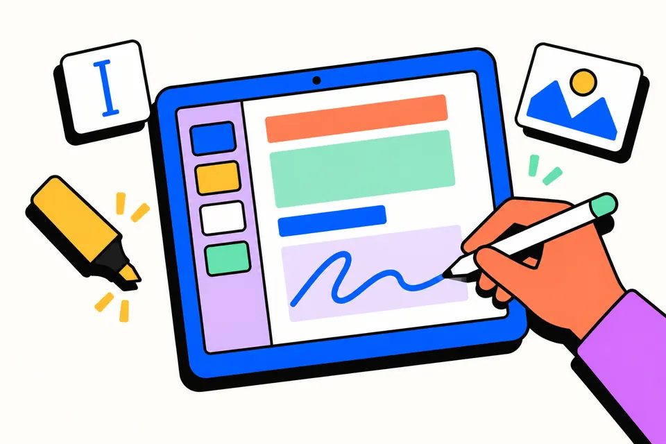 A hand with a stylus signing a document on a tablet, with text, image and highlighter tools floating around it