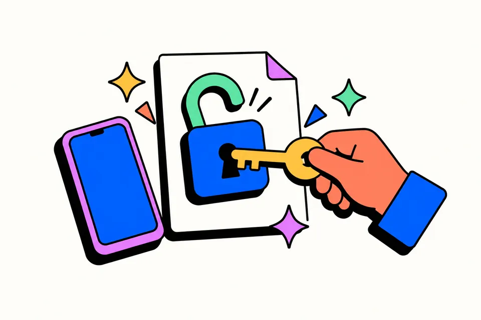 Illustration of a hand turning a golden key in an open padlock on a document, with a phone beside it