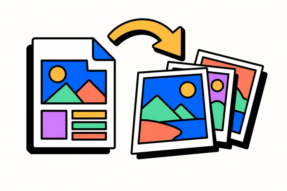 A PDF page turning into a stack of photo cards with a download arrow