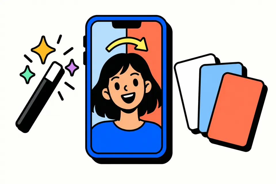 A phone showing a smiling portrait whose backdrop is being swapped, with white, light blue and coral colour cards beside it and a magic wand