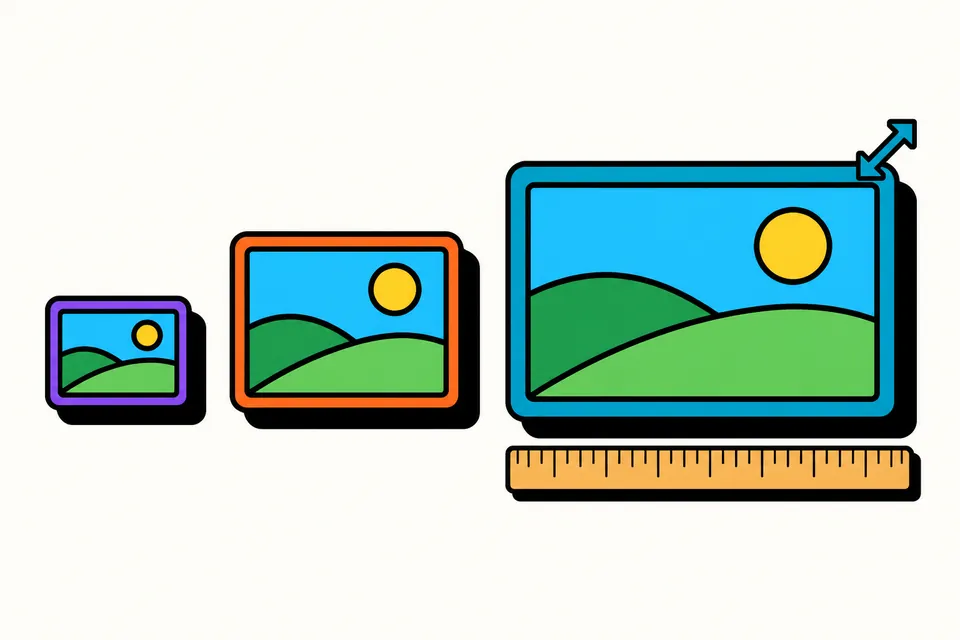 Illustration of one photo shown at three different sizes with a ruler along its edge