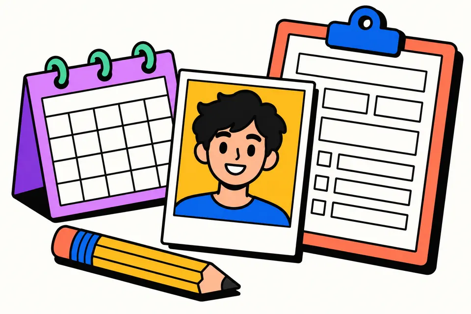 A passport-style portrait card with a blank white strip at the bottom, a desk calendar, a pencil and a clipboard with a form