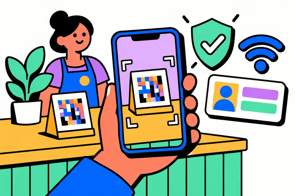 A hand holding a phone that frames a code on a shop counter stand, with a shield, a Wi-Fi symbol and a contact card nearby