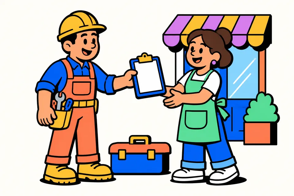 Illustration of a shopkeeper handing a printed price quotation to a customer across a counter