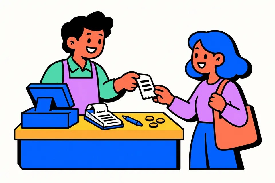 Illustration of a shopkeeper handing a printed receipt to a customer across a shop counter
