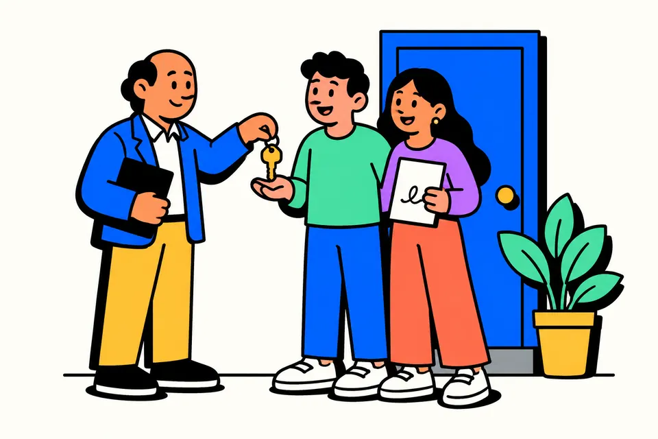 Illustration of a landlord handing a house key to a smiling young couple holding a signed paper at an apartment door