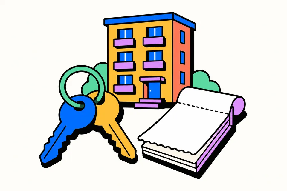 Illustration of a tenant handing printed rent receipts to an office payroll desk