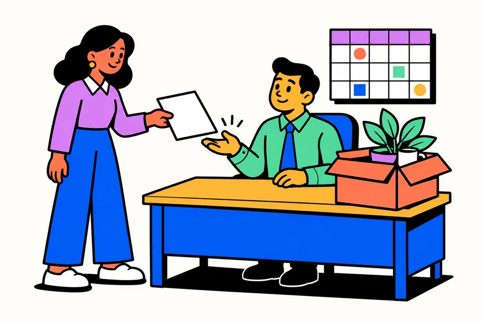 Illustration of an employee handing a letter to a manager across a desk with a calendar on the wall